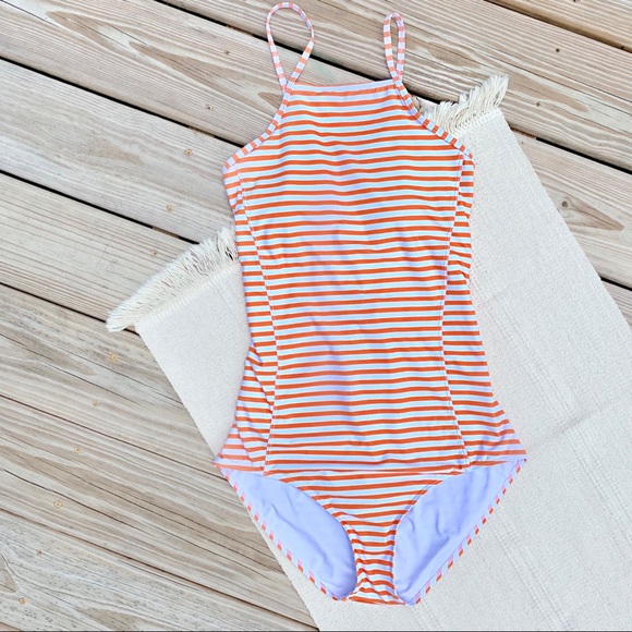 Other - Striped Orange & White One-piece Lace-up Swimsuit